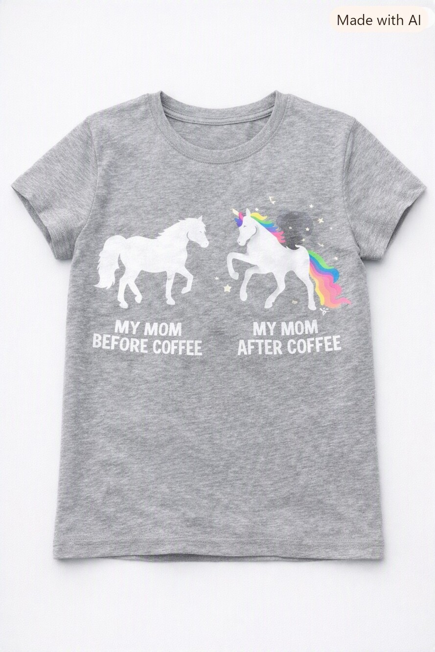 Grey Unicorn Short Sleeve T-Shirt with Coffee Mom Print